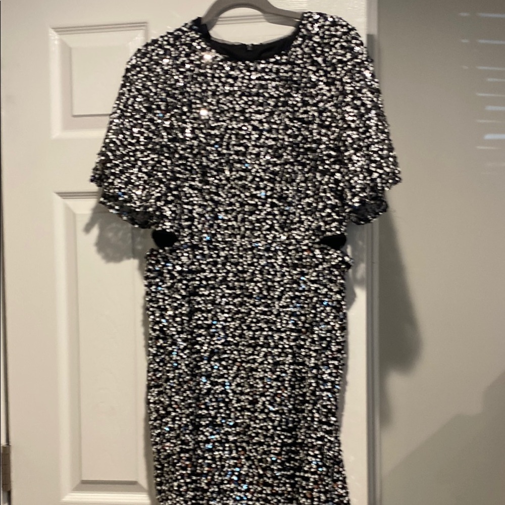 Donna Morgan Black and Silver Sequin Cutout  Mini Dress size 14